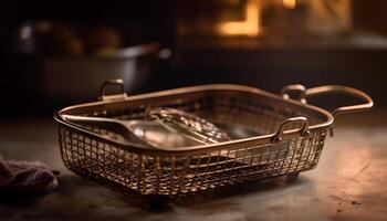 Freshness in an Empty Rustic Colander Bowl generated by AI photo