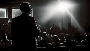 Silhouettes of businessmen applauding in backlit auditorium generated by AI photo