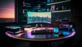 Spectacular gaming room interior, gaming pc, gaming desk, game setup room,  tv, desk for five People, futuristic, LED lights, cyberpunk color.  Generative AI 23342827 Stock Photo at Vecteezy