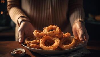 Holding homemade fried dough, indulgent refreshment generated by AI photo