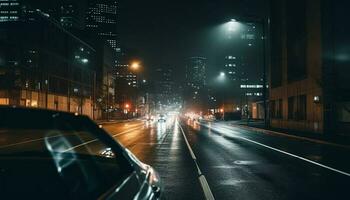 lluvioso ciudad calles a noche, borroso movimiento generado por ai foto