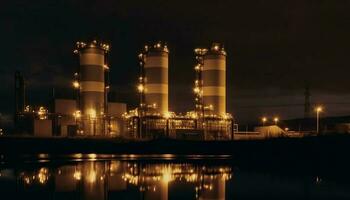 Refinery manufacturing industry illuminates dark polluted night generated by AI photo