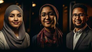 Multi ethnic group of professionals smiling indoors generated by AI photo