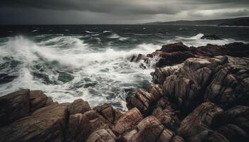 Rough waves crash against rocky cliff, foam spray generated by AI photo