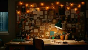 oscuro moderno oficina iluminado por eléctrico lámpara generado por ai foto