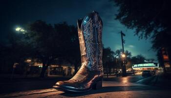 Old cowboy boot walking through nature twilight generated by AI photo