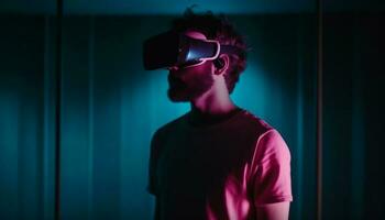 uno hombre concentrado, jugando futurista virtual juegos generado por ai foto