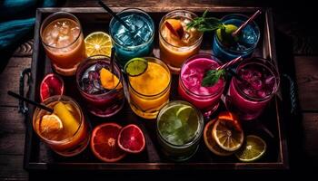 Fruit filled cocktails on a rustic wooden bar generated by AI photo