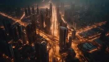 iluminado rascacielos ligero arriba dubai futurista horizonte generado por ai foto