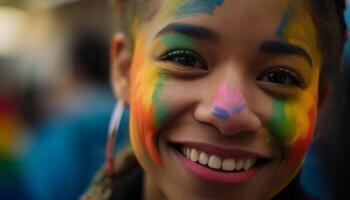 lindo, alegre niño pinturas alegría con colores al aire libre generado por ai foto