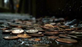 Abundance of wealth on old wooden table generated by AI photo