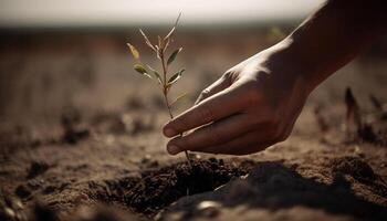 mujer y niño plantando planta de semillero en suciedad generado por ai foto