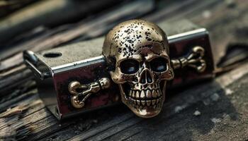 Antique skull on rusty metal table still life generated by AI photo