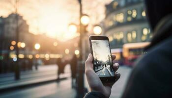 joven adulto participación inteligente teléfono fotografias paisaje urbano generado por ai foto