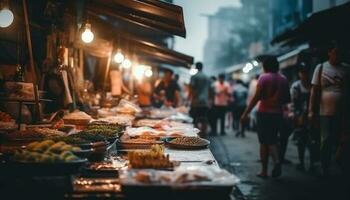 Fresh seafood grilling, city life at night generated by AI photo