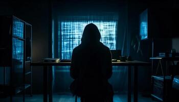 Hooded thief at desk, hacking into computer generated by AI photo