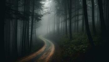 Spooky mystery in foggy forest autumn adventure awaits generated by AI photo