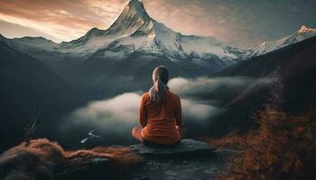 Meditating on mountain peak, surrounded by nature generated by AI photo