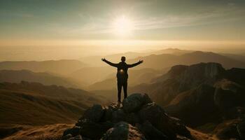 Standing on mountain peak, arms raised in success generated by AI photo