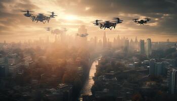 Futuristic cityscape ablaze with glowing drone surveillance generated by AI photo