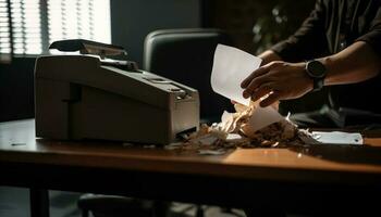 máquina de escribir en de madera escritorio periodista creativo herramienta generado por ai foto