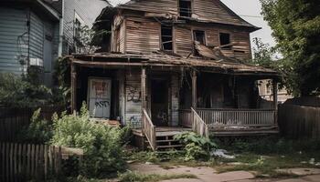 Old weathered shack, an obsolete ruin generated by AI photo