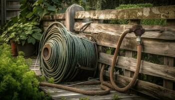 Rope tied to weathered wheel on plank generated by AI photo