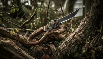 Steel blade saws through thick forest branches generated by AI photo