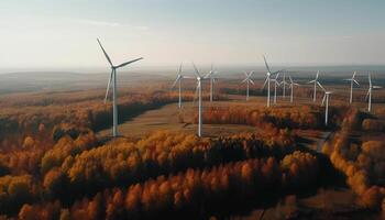 Wind turbines spinning in rows, powering homes generated by AI photo