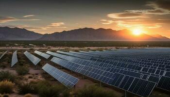 Sunset on farm solar panel powers agriculture generated by AI photo