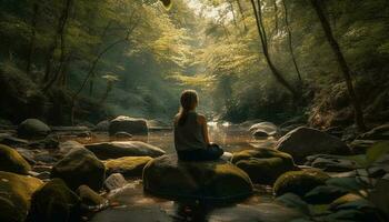 Meditating woman finds balance in serene nature generated by AI photo