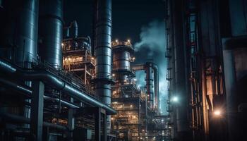 Dark refinery in night pollution pipeline fumes generated by AI photo