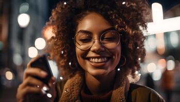 Young woman enjoying city life, texting on phone generated by AI photo