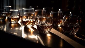 Luxury whiskey and brandy in reflection celebration generated by AI photo