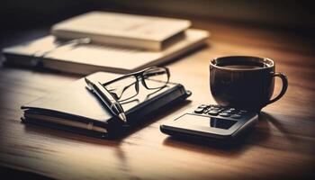 Coffee cup, textbook, and pen on desk generated by AI photo