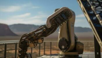 Robotic arm welds steel on factory floor generated by AI photo