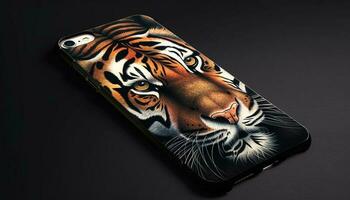 móvil teléfono Tigre símbolo, peligro en naturaleza generado por ai foto