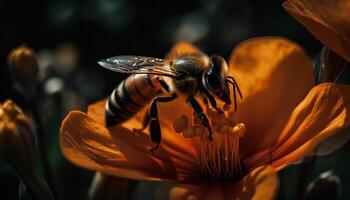 ocupado abeja laboral, cosecha polen desde flor generado por ai foto