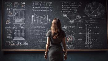 Mathematical symbols on blackboard, teacher explains algebra generated by AI photo