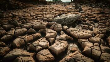 Stone pattern in dry landscape by arid mountain generated by AI photo