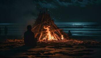 Silhouette of one person sitting by bonfire generated by AI photo