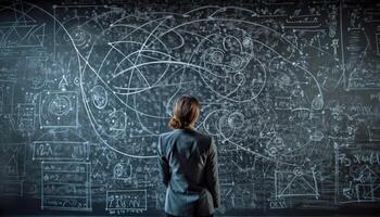 Young businessman standing, planning strategy on blackboard generated by AI photo