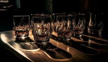 Luxury whiskey poured into crystal shot glass generated by AI photo