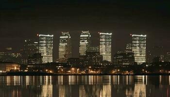 City lights reflect on water at dusk generated by AI photo