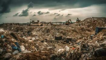 Heavy machinery removing heap polluted landfill ruined landscape generated by AI photo