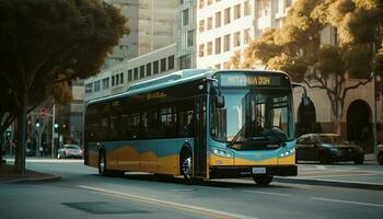 doble decker autobús se apresura mediante iluminado ciudad calles generado por ai foto
