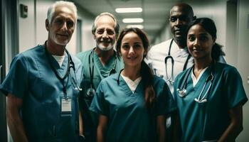 médico equipo poses felizmente en el hospital generado por ai foto