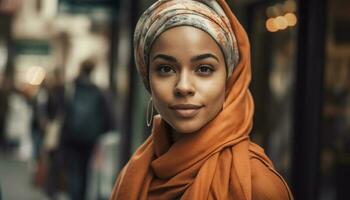 joven mujer en hijab sonriente con confianza al aire libre generado por ai foto