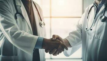 Young nurse shaking mature doctor confident hand generated by AI photo