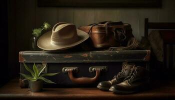 Old fashioned leather suitcase and boots for adventure generated by AI photo
